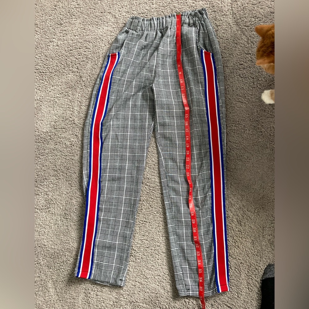 Plaid pants with colored stripes